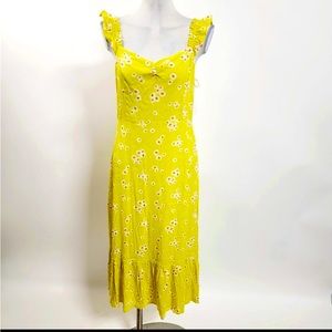 Chartreuse Summer LUSH Vintage Retro Style Ditsy Boho Floral MIDI Rayon Dress L